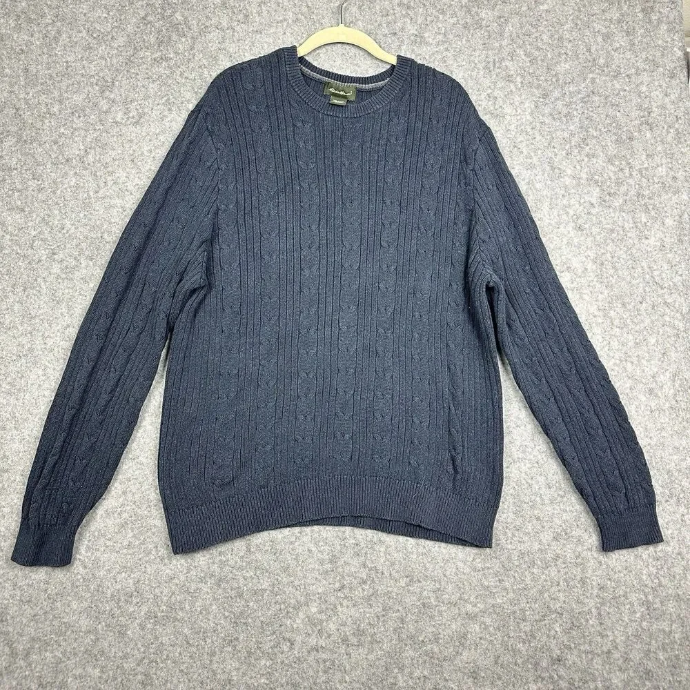 Vintage Eddie Bauer Cable Knit Sweater Mens Large Blue Cotton Crewneck Preppy